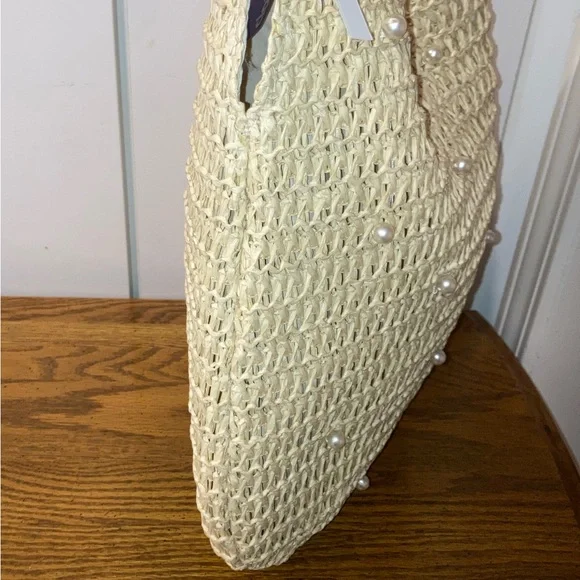 Woven Shoulder Bag with Pearl Accents- Tan NWT - Picture 5 of 6